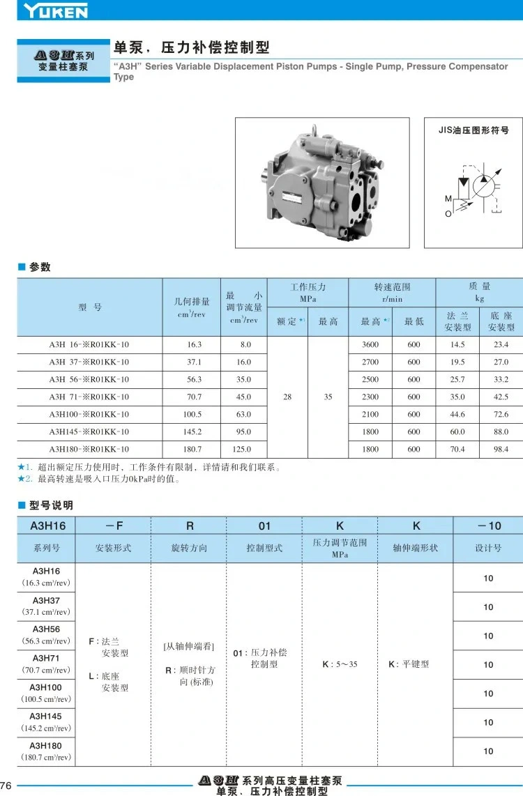 Yuken a Ar A3h Series Special Hydraulic Variable Piston Pumps Yuken Hydraulic Pump A37-F-R-07-K-32