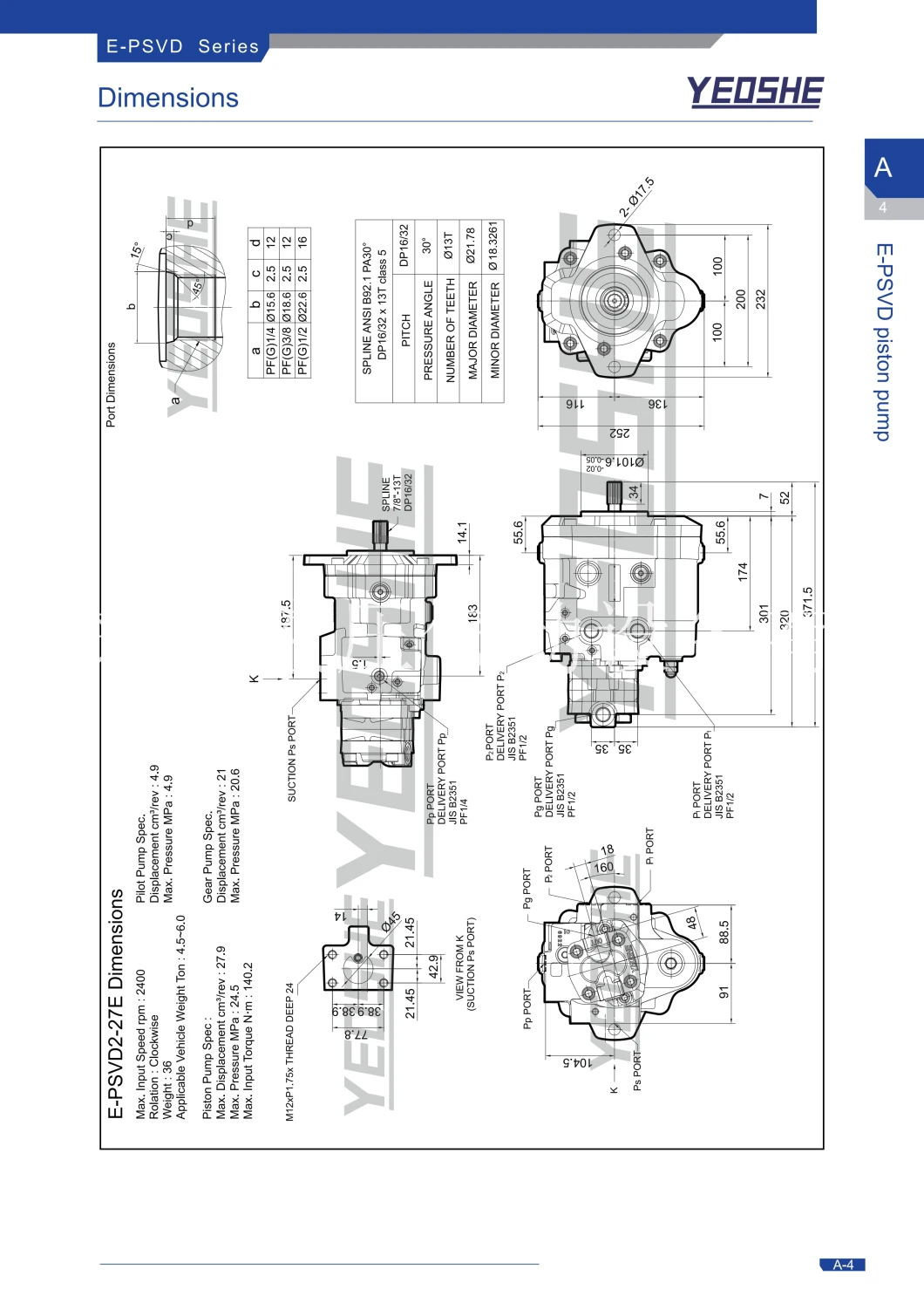 Yeoshe Series Excavator Hydraulic Pump Model: E-Psvd2-27e-21